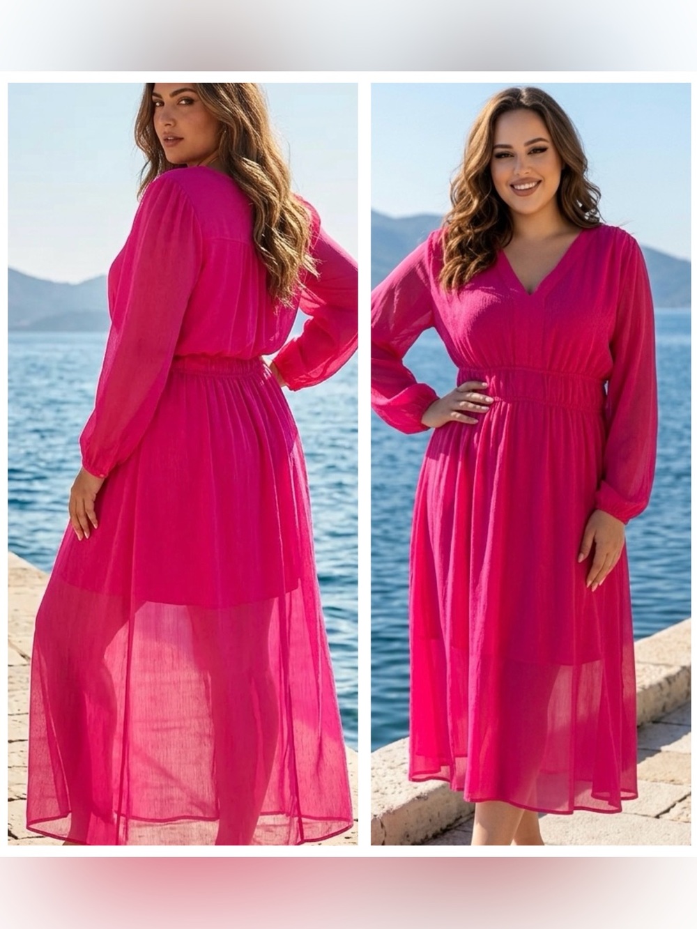 Jessica Simpson Women Sz 2X stretch waist Fuchsia V-Neck Long Sleeve Midi Dress